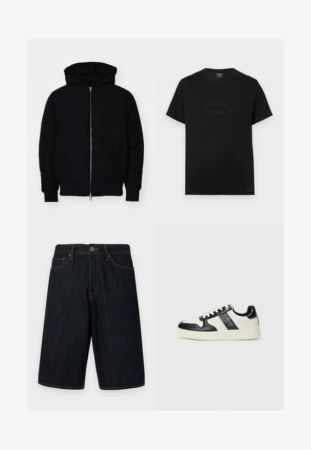 Black hooded jacket with front zipper, kangaroo pocket, ribbed cuffs, and hem, displayed on a plain white background.; Black cotton t-shirt with short sleeves and a round neckline. Features "ORIGINALS Studio" embossed in tonal lettering on the front.; Dark denim shorts with a straight cut, featuring yellow stitching, five pockets, and a front button closure. Smooth texture.; Leather sneakers with a black and cream color scheme, featuring perforated accents, a padded collar, and a textured outsole.