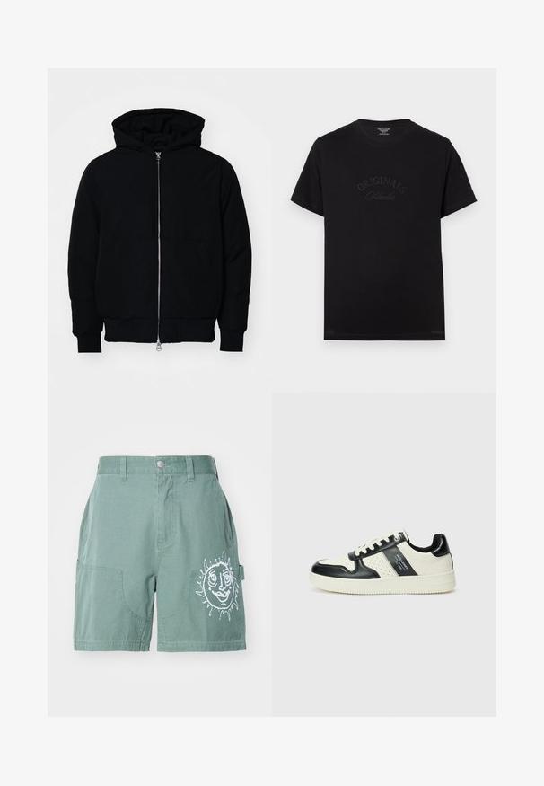 Crna kapuška jakna s prednjim zatvaračem, kenguru džepom, rebrastim manžetama i rubom, prikazana na običnoj bijeloj pozadini.; Crna pamučna majica s kratkim rukavima i okruglim izrezom. Na prednjoj strani se ističe natpis "ORIGINALS Studio" u toniranim slovima.; Zelena pamučna kratka hlače s opuštenim krojem, s dva prednja džepa i bijelim grafičkim motivom sunca na desnoj nozi. Jednostavan rub, bez uzoraka.; Kožne tenisice s crno-bijelom paletom boja, koje imaju perforirane akcentne detalje, podstavljeni ovratnik i teksturiranu potplat.