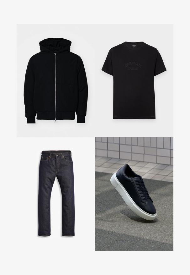 Melna kapucēta jaka ar priekšējo rāvējslēdzēju, kenguru kabatu, ribinātām aprocēm un apakšmalu, parādīta uz vienkārša balta fona.; Melnas kokvilnas T-krekls ar īsām piedurknēm un apaļu izgriezumu. Priekšpusē ir izceltas ar tonālām burtiem "ORIGINALS Studio".; Tumši zili džinsi ar taisnu piegriezumu, piecu kabatu dizainu, metāla detaļām un kontrastējošu oranžu šuvju. Atnes gludu faktūru, bez redzamām rakstu zīmēm.; Melnas ādas kedas ar noapaļotu pirkstu un baltu gumijas zoli. Iespējas - plakanas šņorītes un minimāla apdare augšdaļā. Struktūrēta zole, lai nodrošinātu saķeri.