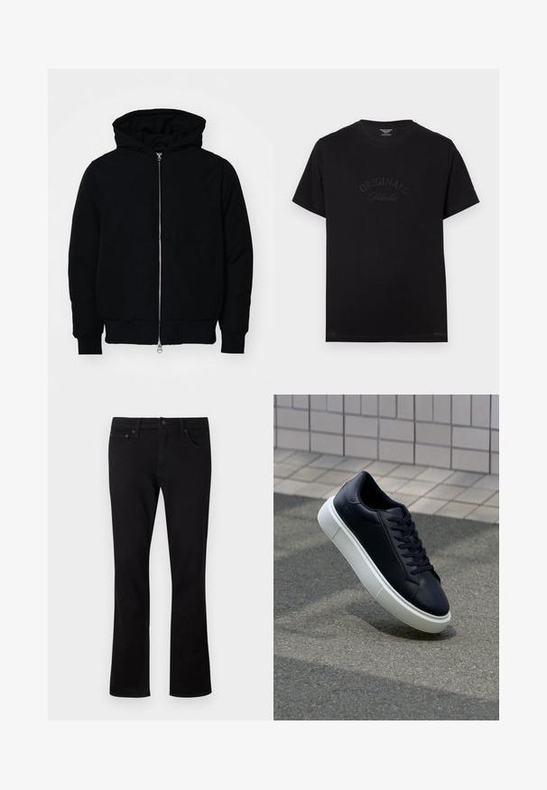 Mustaga kapuutsiga jakk, millel on esineed, kenguru tasku, soonikkoes, ja alläär, esitatud lihtsal valgel taustal.; Must t-särk lühikeste varrukatega ja ümmarguse kaelusega. Esiküljel on hõbedaselt kirjeldatud "ORIGINALS Studio".; Mustad denim teksad otse jala disainiga, viie tasku stiil ja peened õmblustead. Materjal on pehme ja matt viimistlus.; Mustast nahast tennisetoss, millel on ümar nina ja valge kummist tall. Omab siredaid paelu ja minimaalset õmblemist ülemises osas. Tekstuuriga tald, mis tagab haakuvuse.