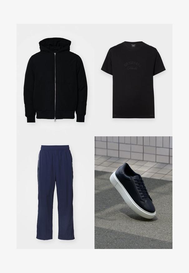 Crna kapuška jakna s prednjim zatvaračem, kenguru džepom, rebrastim manžetama i rubom, prikazana na običnoj bijeloj pozadini.; Crna pamučna majica s kratkim rukavima i okruglim izrezom. Na prednjoj strani se ističe natpis "ORIGINALS Studio" u toniranim slovima.; Plave lagane hlače s elastičnim pojasom, opuštenog kroja, bočnim džepovima i kontrastnim bijelim prugama sa strane.; Crne kožne tenisice s zaobljenim vrhom i bijelim gumiranim potplatom. Imaju ravne vezice i minimalno šivanje na gornjem dijelu. Teksturirani potplat za bolje prianjanje.