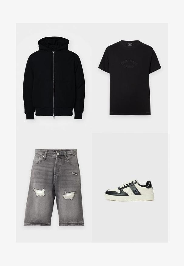 Veste à capuche noire avec fermeture éclair sur le devant, poche kangourou, poignets et ourlet côtelés, présentée sur un fond blanc uni.; T-shirt en coton noir à manches courtes et col rond. Présente "ORIGINALS Studio" embossé en lettres tonales sur le devant.; Shorts en denim gris avec une finition délavée, comportant deux patchs à déchirures et un design à cinq poches. Fermeture à bouton métallique et à fermeture éclair.; Baskets en cuir avec un schéma de couleurs noir et crème, dotées d'accents perforés, d'un col rembourré et d'une semelle texturée.