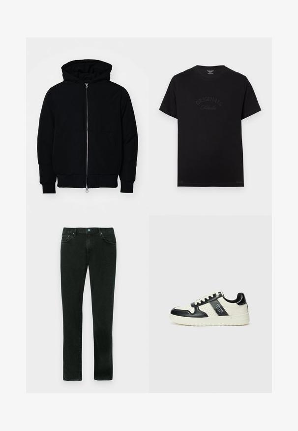 Mustaga kapuutsiga jakk, millel on esineed, kenguru tasku, soonikkoes, ja alläär, esitatud lihtsal valgel taustal.; Must t-särk lühikeste varrukatega ja ümmarguse kaelusega. Esiküljel on hõbedaselt kirjeldatud "ORIGINALS Studio".; Mustadest denimist püksid sirge jala disainiga, klassikalise viie-tasku stiiliga ja siniste metallelemendiga aksessuaaridega.; Nahatud nahkkingad musta ja kreemi värviskeemiga, millel on perforeeritud aktsendid, pehme krae ja tekstureeritud tallad.