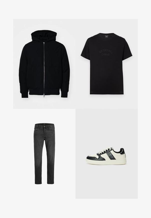 Black hooded jacket with front zipper, kangaroo pocket, ribbed cuffs, and hem, displayed on a plain white background.; Black cotton t-shirt with short sleeves and a round neckline. Features "ORIGINALS Studio" embossed in tonal lettering on the front.; Black denim jeans with a straight fit, five-pocket design, and zip fly. Features subtle fading and contrast stitching.; Leather sneakers with a black and cream color scheme, featuring perforated accents, a padded collar, and a textured outsole.