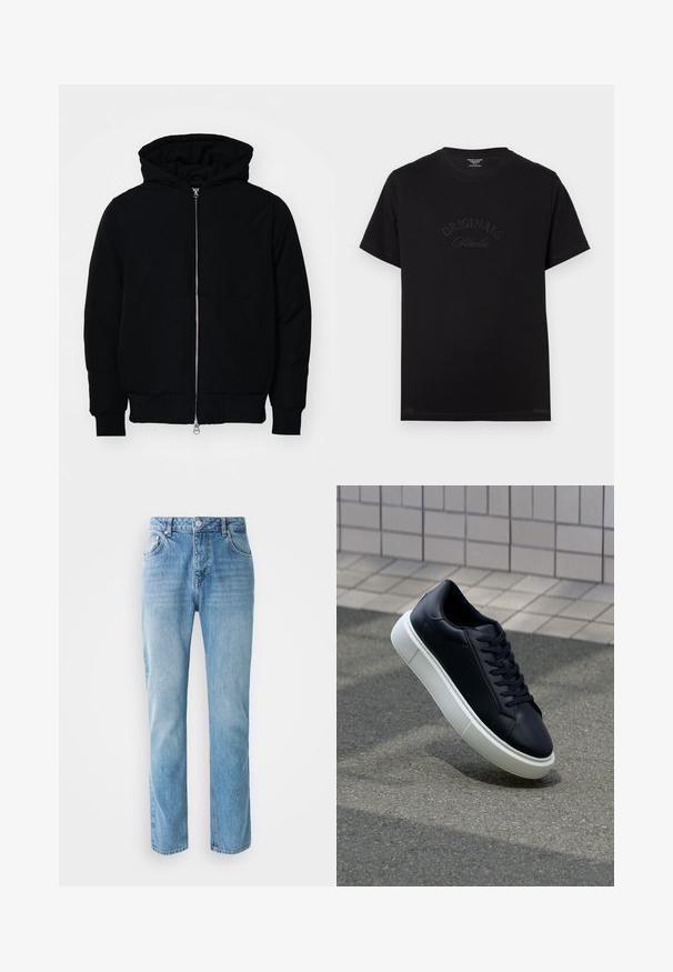 Fekete kapucnis dzseki elülső cipzárral, kenguruzsebbel, bordázott mandzsettákkal és aba, egy sima fehér háttér előtt.; Fekete pamut póló rövid ujjakkal és kerek nyakkivágással. Az elején tónusos betűkkel a "ORIGINALS Studio" felirat látható.; Világoskék farmernadrág egyenes lábbal, öt zsebbel, gombos záródással, és finom kopásmintákkal az anyagon.; Fekete bőr sportcipő lekerekített orral és fehér gumitalppal. Lapos fűzőkkel és minimális varrásokkal rendelkezik a felsőrészén. Mintás talp a tapadásért.