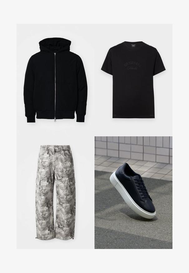 Črna kapuca jakna s sprednjim zadrgo, kenguru žepom, rebrastimi manšetami in hemom, razstavljena na enostavni beli ozadju.; Črna bombažna majica s kratkimi rokavi in okroglo izrezom. Na sprednjem delu je v tonečih črkami embosirano "ORIGINALS Studio".; Cargo hlače v sivi kamuflažni vzorci, narejene iz teksturirane tkanine. Značilnosti vključujejo stranske žepe in elastičen rob na manšetah.; Črne usnjene superge z zaobljenim prstom in belim gumijastim podplat. Imajo ravne vezalke in minimalno šivanje na zgornjem delu. Teksturirani podplat za oprijem.