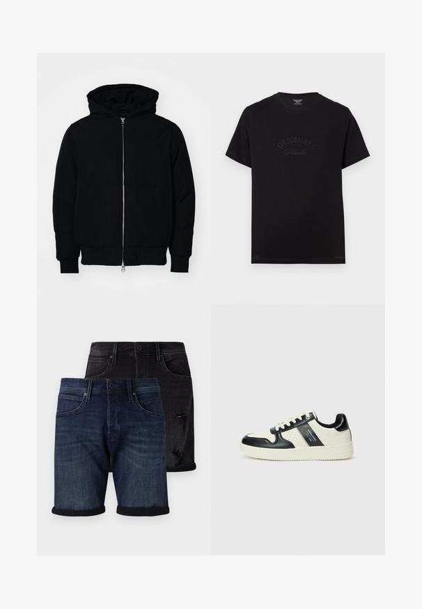 Black hooded jacket with front zipper, kangaroo pocket, ribbed cuffs, and hem, displayed on a plain white background.; Black cotton t-shirt with short sleeves and a round neckline. Features "ORIGINALS Studio" embossed in tonal lettering on the front.; Denim shorts set featuring a dark blue pair with rolled hems and a black distressed pair. Both have classic five-pocket styling.; Leather sneakers with a black and cream color scheme, featuring perforated accents, a padded collar, and a textured outsole.