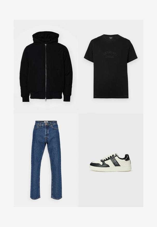 Black hooded jacket with front zipper, kangaroo pocket, ribbed cuffs, and hem, displayed on a plain white background.; Black cotton t-shirt with short sleeves and a round neckline. Features "ORIGINALS Studio" embossed in tonal lettering on the front.; Dark blue denim jeans with a high waist and straight leg. Features a button closure, five pockets, and contrast stitching.; Leather sneakers with a black and cream color scheme, featuring perforated accents, a padded collar, and a textured outsole.