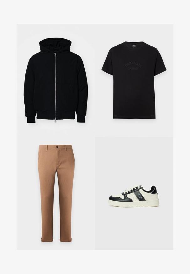 Zwarte hoodie met rits aan de voorkant, kangoeroe-pocket, geribbelde manchetten en zoom, weergegeven op een effen witte achtergrond.; Zwarte katoenen t-shirt met korte mouwen en een ronde hals. Kenmerkt zich door "ORIGINALS Studio" in ton-sur-ton letters op de voorkant.; Bruine katoenen broek met een rechte pasvorm, voorzien van een sluiting met een knoop aan de voorkant, riemlussen en opgerolde manchetten aan de zoom.; Leren sneakers met een zwart en crèmekleurig kleurenschema, voorzien van geperforeerde accenten, een gevoerde kraag en een gestructureerde buitenzool.