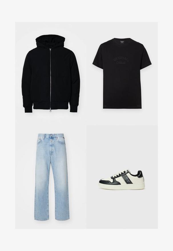 Schwarze Kapuzenjacke mit Frontreißverschluss, Kängurutasche, gerippten Bündchen und Saum, auf einem schlichten weißen Hintergrund präsentiert.; Schwarzes Baumwoll-T-Shirt mit kurzen Ärmeln und rundem Halsausschnitt. Auf der Vorderseite befindet sich der Schriftzug "ORIGINALS Studio" in eingeprägten, tonalen Buchstaben.; Hellblaue Jeans aus Denim mit lockerer Passform, hoch geschnitten, mit fünf Taschen und geradem Bein. Verblasster Textur sichtbar.; Leder-Sneaker in Schwarz- und Cremetönen, mit perforierten Akzenten, einem gepolsterten Kragen und einer strukturierten Laufsohle.