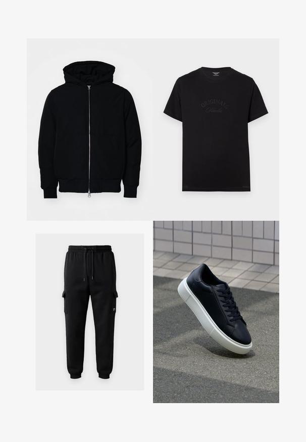 Černá kapucňová bunda s předním zipem, klokaní kapsou, vroubkovanými manžetami a spodním lemem, vystavená na čistém bílém pozadí.; Černé bavlněné tričko s krátkým rukávem a kulatým výstřihem. Na přední straně je vystouplý nápis "ORIGINALS Studio" v tonálním písmu.; Černé cargo kalhoty z měkké látky, s elastickým páskem na šnurování, bočními kapsami a pletenými manžetami.; Černé kožené tenisky s kulatou špičkou a bílou gumovou podrážkou. mají ploché tkaničky a minimální šití na svršku. Texturovaná podrážka pro lepší přilnavost.