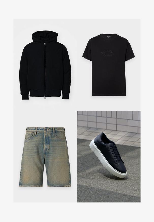 Mustaga kapuutsiga jakk, millel on esineed, kenguru tasku, soonikkoes, ja alläär, esitatud lihtsal valgel taustal.; Must t-särk lühikeste varrukatega ja ümmarguse kaelusega. Esiküljel on hõbedaselt kirjeldatud "ORIGINALS Studio".; Heled sinine denimpüksid, millel on pleekinud viimistlus. Sisaldab viit taskut, lukuga ja nööbiga sulgemist ning tugevat õmblust servades.; Mustast nahast tennisetoss, millel on ümar nina ja valge kummist tall. Omab siredaid paelu ja minimaalset õmblemist ülemises osas. Tekstuuriga tald, mis tagab haakuvuse.