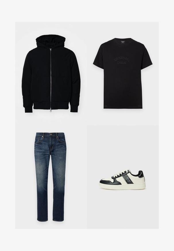 Svart hettejakke med frontglidelås, kengurulomme, ribbestrikket mansjetter og søm, vist på en ensfarget hvit bakgrunn.; Svart bomullst-skjorte med korte ermer og rund halslinning. Den har "ORIGINALS Studio" preget i tonede bokstaver foran.; Edwin REGULAR TAPERED - Jeans Tapered Fit - blue mid dark used; Lædersneakers med sort og creme farveskema, der har perforerede detaljer, en polstret krave og en struktureret ydersål.