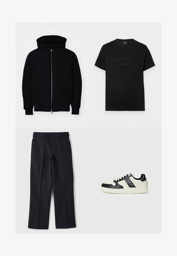 Mustaga kapuutsiga jakk, millel on esineed, kenguru tasku, soonikkoes, ja alläär, esitatud lihtsal valgel taustal.; Must t-särk lühikeste varrukatega ja ümmarguse kaelusega. Esiküljel on hõbedaselt kirjeldatud "ORIGINALS Studio".; Mustad mustadest riidest püksid, sirge lõikega, vöökoha juures vöökohaga ja ilma nähtavate taskuteta või kaunistusteta.; Nahatud nahkkingad musta ja kreemi värviskeemiga, millel on perforeeritud aktsendid, pehme krae ja tekstureeritud tallad.