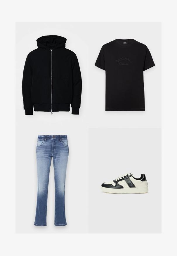 Mustaga kapuutsiga jakk, millel on esineed, kenguru tasku, soonikkoes, ja alläär, esitatud lihtsal valgel taustal.; Must t-särk lühikeste varrukatega ja ümmarguse kaelusega. Esiküljel on hõbedaselt kirjeldatud "ORIGINALS Studio".; Sinine denimpluus, millel on kulunud pesu, viie tasku disain, vöökohad ja lukk, millel on nööbiga kinnitamine.; Nahatud nahkkingad musta ja kreemi värviskeemiga, millel on perforeeritud aktsendid, pehme krae ja tekstureeritud tallad.