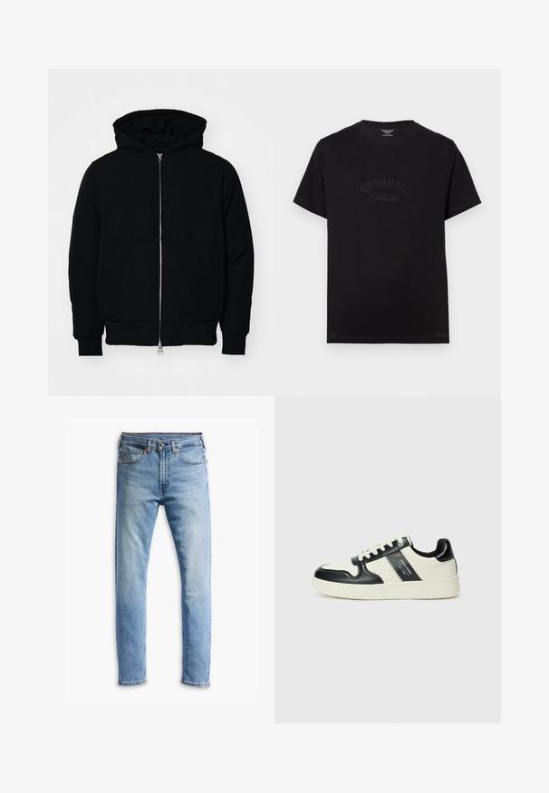 Crna kapuška jakna s prednjim zatvaračem, kenguru džepom, rebrastim manžetama i rubom, prikazana na običnoj bijeloj pozadini.; Crna pamučna majica s kratkim rukavima i okruglim izrezom. Na prednjoj strani se ističe natpis "ORIGINALS Studio" u toniranim slovima.; Svijetloplave traperice s ravnim krojem, pet džepova, zatvaranje na gumb i suptilno izbljeđivanje po tkanini.; Kožne tenisice s crno-bijelom paletom boja, koje imaju perforirane akcentne detalje, podstavljeni ovratnik i teksturiranu potplat.