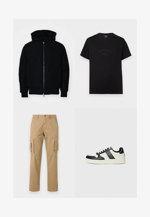 Fekete kapucnis dzseki elülső cipzárral, kenguruzsebbel, bordázott mandzsettákkal és aba, egy sima fehér háttér előtt.; Fekete pamut póló rövid ujjakkal és kerek nyakkivágással. Az elején tónusos betűkkel a "ORIGINALS Studio" felirat látható.; Beige cargo nadrág két oldalsó zsebbel, gombos záródással, egyenes szárú kialakítással és puha, texturált anyaggal.; Fekete és krém színű bőrsneaker, perforált díszítésekkel, párnázott bokapánttal és texturált talppal.