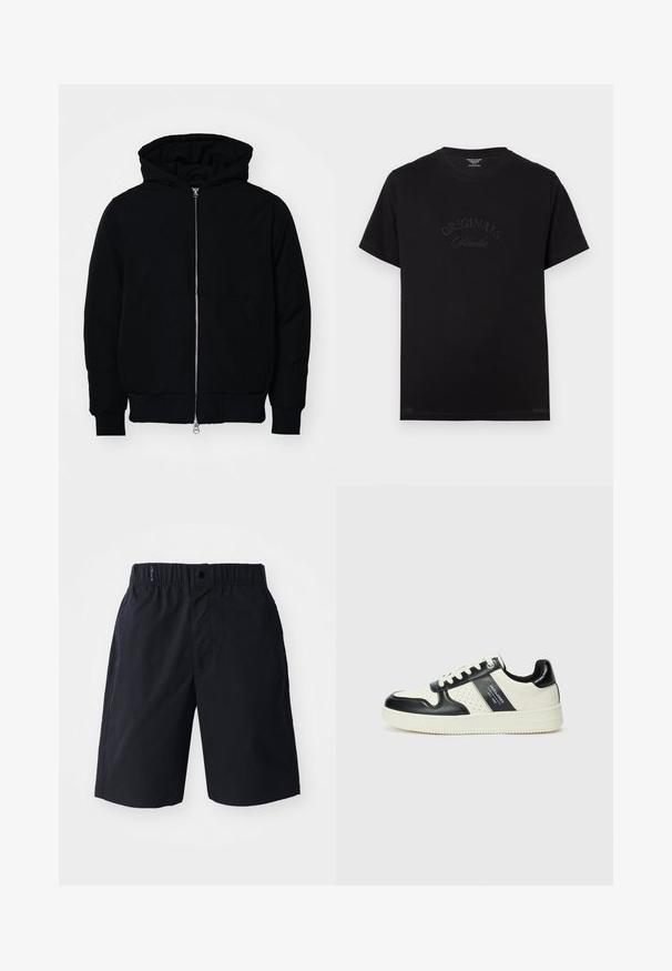 Giacca nera con cappuccio, dotata di zip frontale, tasca a marsupio, polsini e orlo a coste, esposta su uno sfondo bianco semplice.; T-shirt in cotone nero con maniche corte e scollatura rotonda. Presenta la scritta "ORIGINALS Studio" in rilievo con lettering tonale sul davanti.; Pantaloni corti neri realizzati in tessuto leggero, con fronte piatto, cintura elastica e tasche laterali. Design semplice senza motivi.; Sneakers in pelle con una combinazione di colori nero e crema, dotati di dettagli perforati, collare imbottito e suola testurizzata.