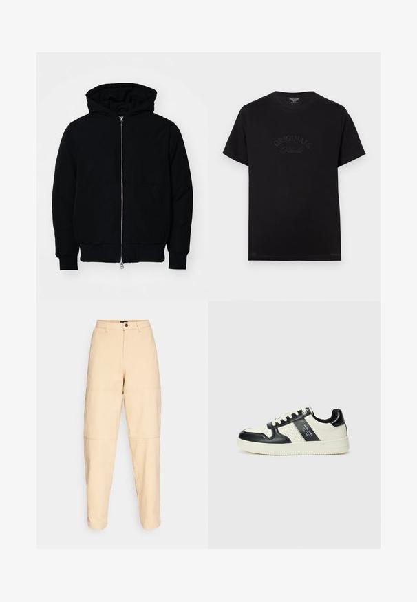 Melna kapucēta jaka ar priekšējo rāvējslēdzēju, kenguru kabatu, ribinātām aprocēm un apakšmalu, parādīta uz vienkārša balta fona.; Melnas kokvilnas T-krekls ar īsām piedurknēm un apaļu izgriezumu. Priekšpusē ir izceltas ar tonālām burtiem "ORIGINALS Studio".; Bežīgas, vysokās jostas bikses, kas izgatavotas no kokvilnas. Iespējas ir kabatas, pogu aizdare un izteikta paneļu šuvēšana pie ceļgaliem. Taisnu kāju dizains.; Ādas sporta apavi ar melnbaltu krāsu shēmu, ar perforētiem akcentiem, mīkstinātu apkakli un teksturētu zoli.