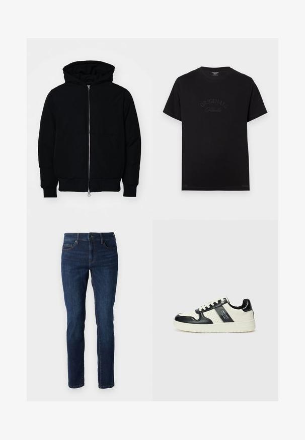 Black hooded jacket with front zipper, kangaroo pocket, ribbed cuffs, and hem, displayed on a plain white background.; Black cotton t-shirt with short sleeves and a round neckline. Features "ORIGINALS Studio" embossed in tonal lettering on the front.; Dark blue denim jeans with a slim fit, five pockets, and contrasting orange stitching. Features a button and zipper closure.; Leather sneakers with a black and cream color scheme, featuring perforated accents, a padded collar, and a textured outsole.