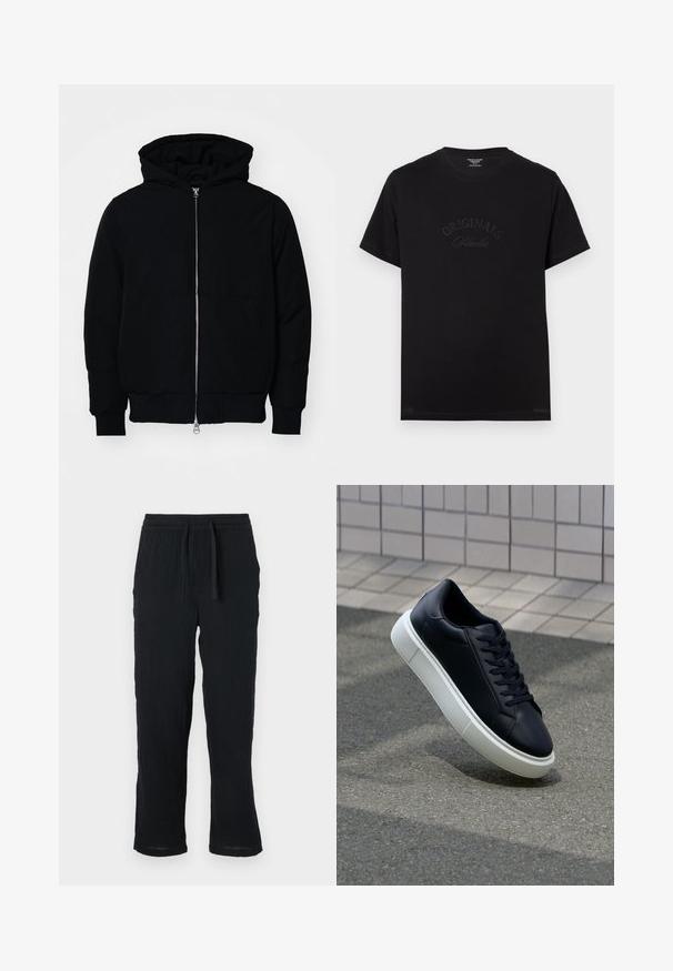 Mustaga kapuutsiga jakk, millel on esineed, kenguru tasku, soonikkoes, ja alläär, esitatud lihtsal valgel taustal.; Must t-särk lühikeste varrukatega ja ümmarguse kaelusega. Esiküljel on hõbedaselt kirjeldatud "ORIGINALS Studio".; Mustad, kerge, elastse vöökohtadega püksid, millel on mugav lõige ja tekstureeritud kangas. Sirged jalad, millel on kergelt kitsenev äär.; Mustast nahast tennisetoss, millel on ümar nina ja valge kummist tall. Omab siredaid paelu ja minimaalset õmblemist ülemises osas. Tekstuuriga tald, mis tagab haakuvuse.