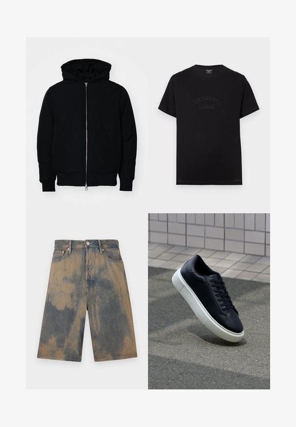 Black hooded jacket with front zipper, kangaroo pocket, ribbed cuffs, and hem, displayed on a plain white background.; Black cotton t-shirt with short sleeves and a round neckline. Features "ORIGINALS Studio" embossed in tonal lettering on the front.; Denim shorts with a faded blue and beige tie-dye effect, featuring a classic five-pocket design and metal hardware details.; Black leather sneaker with rounded toe and white rubber sole. Features flat laces and minimal stitching on the upper. Textured sole for grip.