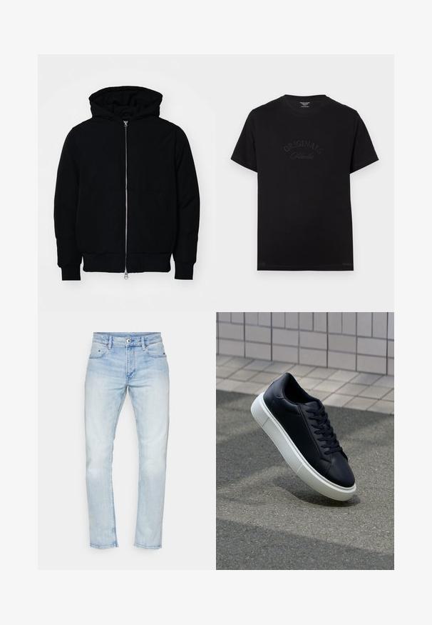 Černá kapucňová bunda s předním zipem, klokaní kapsou, vroubkovanými manžetami a spodním lemem, vystavená na čistém bílém pozadí.; Černé bavlněné tričko s krátkým rukávem a kulatým výstřihem. Na přední straně je vystouplý nápis "ORIGINALS Studio" v tonálním písmu.; Světle modré džíny s rovnými nohavicemi, pěti kapsami a opotřebovaným vzhledem. Disponují zapínáním na knoflík a zip.; Černé kožené tenisky s kulatou špičkou a bílou gumovou podrážkou. mají ploché tkaničky a minimální šití na svršku. Texturovaná podrážka pro lepší přilnavost.