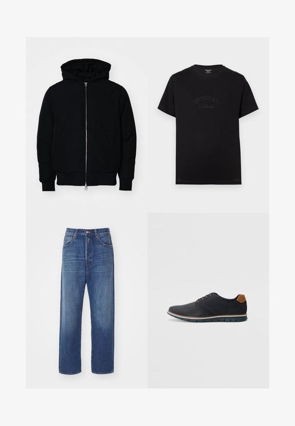 Čierna kapucňová bunda s predným zipsom, klokaními vreckami, rebrovanými manžetami a lemom, zobrazená na bielom pozadí.; Čierne bavlnené tričko s krátkymi rukávmi a okrúhlym výstrihom. Na prednej strane sa nachádza embosovaný nápis "ORIGINALS Studio" v tónovaných písmenách.; Tmavomodré džínsy s rovnými nohavicami, so zapínaním na gombík vpredu, piatimi vreckami a svetlými prechodmi na látke.; Čierne syntetické topánky so štruktúrovaným zvrškom, hladkými akcentmi, hnedým opätkom a kontrastnou podrážkou. Majú minimálne šnurovanie a detaily prešitia.