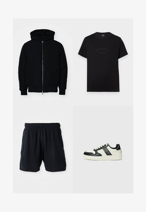 Črna kapuca jakna s sprednjim zadrgo, kenguru žepom, rebrastimi manšetami in hemom, razstavljena na enostavni beli ozadju.; Črna bombažna majica s kratkimi rokavi in okroglo izrezom. Na sprednjem delu je v tonečih črkami embosirano "ORIGINALS Studio".; Črne atletske hlače iz mehkega blaga, z elastičnim pasom in dvema stranskima žepoma za priročnost.; Usnjeni športni čevlji z črno in krem barvno shemo, ki vključujejo perforirane dodatke, podložen ovratnik in strukturirano podplat.