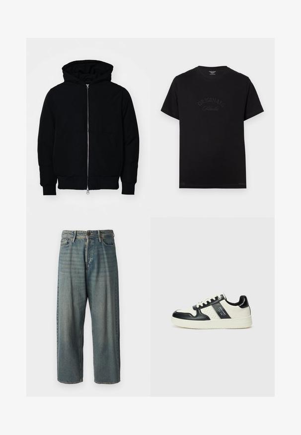 Black hooded jacket with front zipper, kangaroo pocket, ribbed cuffs, and hem, displayed on a plain white background.; Black cotton t-shirt with short sleeves and a round neckline. Features "ORIGINALS Studio" embossed in tonal lettering on the front.; Light blue denim jeans with a loose fit, mid-rise waist, and straight legs. Features five pockets, belt loops, and a button closure.; Leather sneakers with a black and cream color scheme, featuring perforated accents, a padded collar, and a textured outsole.