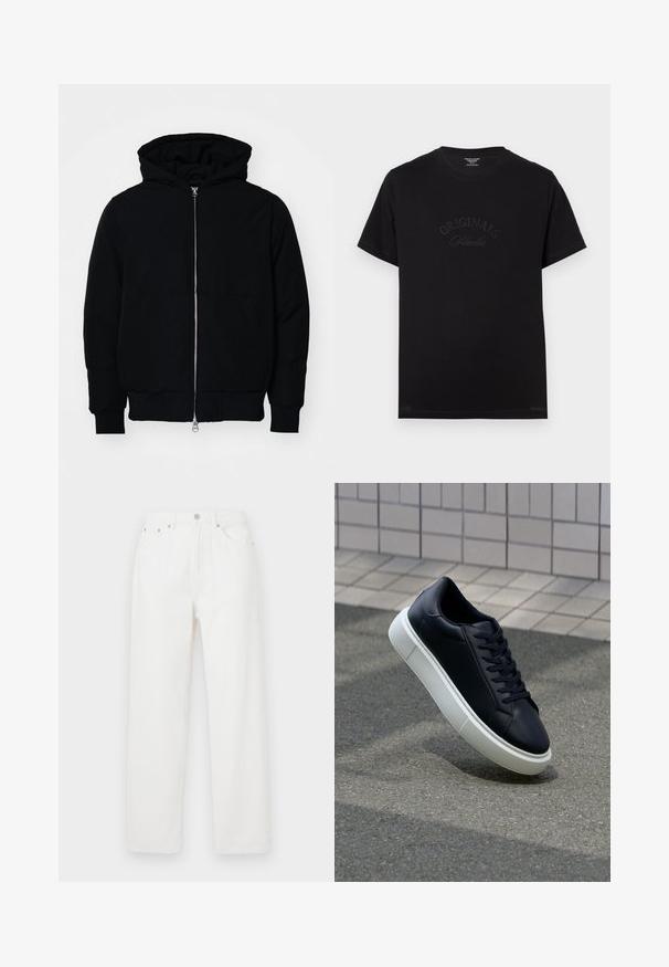 Veste à capuche noire avec fermeture éclair sur le devant, poche kangourou, poignets et ourlet côtelés, présentée sur un fond blanc uni.; T-shirt en coton noir à manches courtes et col rond. Présente "ORIGINALS Studio" embossé en lettres tonales sur le devant.; Pantalons en denim blanc à coupe ample, avec un design à cinq poches, une fermeture à bouton à l'avant et des jambes droites. Texture lisse, sans motifs visibles.; Baskets noires en cuir avec bout arrondi et semelle en caoutchouc blanc. Elles présentent des lacets plats et une couture minimale sur la tige. Semelle texturée pour une bonne adhérence.