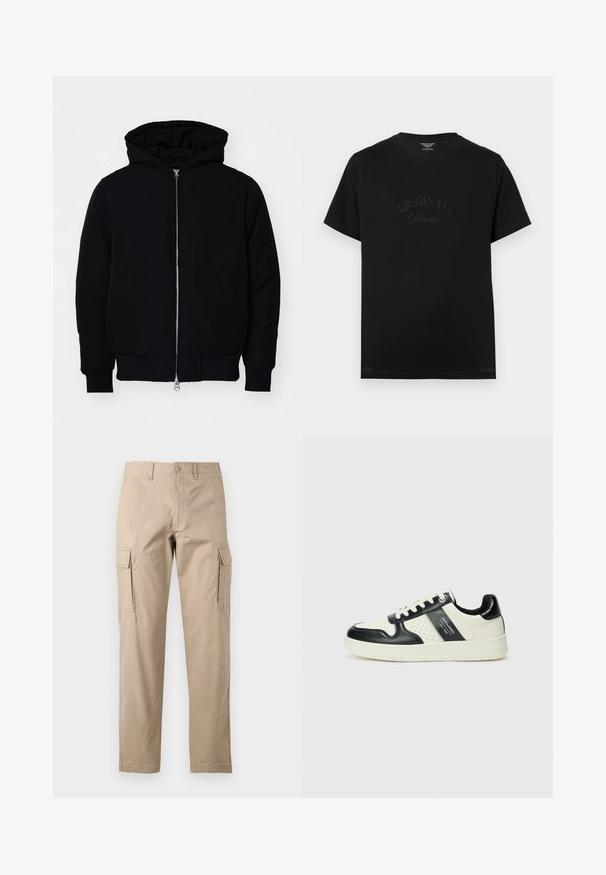 Veste à capuche noire avec fermeture éclair sur le devant, poche kangourou, poignets et ourlet côtelés, présentée sur un fond blanc uni.; T-shirt en coton noir à manches courtes et col rond. Présente "ORIGINALS Studio" embossé en lettres tonales sur le devant.; Pantalons cargo beige en coton, dotés de poches latérales, d'une coupe droit et d'une fermeture à bouton à la taille. Texture douce, style décontracté.; Baskets en cuir avec un schéma de couleurs noir et crème, dotées d'accents perforés, d'un col rembourré et d'une semelle texturée.