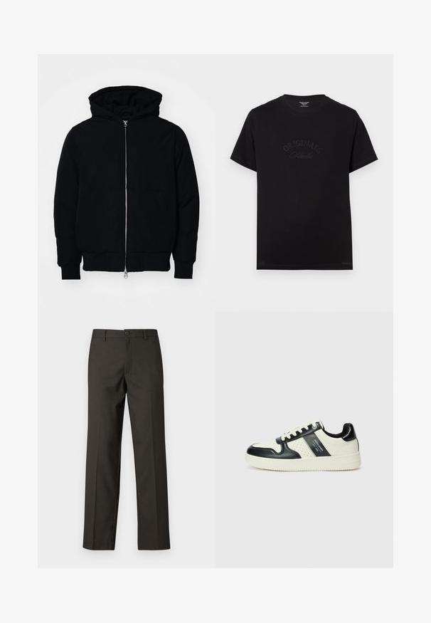 Mustaga kapuutsiga jakk, millel on esineed, kenguru tasku, soonikkoes, ja alläär, esitatud lihtsal valgel taustal.; Must t-särk lühikeste varrukatega ja ümmarguse kaelusega. Esiküljel on hõbedaselt kirjeldatud "ORIGINALS Studio".; Tumed pruunid püksid, mis on valmistatud siledast kangast, sirge sääre disainiga, ees olevate taskutega ja nööbiga kinnitamisel vöökoha juures.; Nahatud nahkkingad musta ja kreemi värviskeemiga, millel on perforeeritud aktsendid, pehme krae ja tekstureeritud tallad.