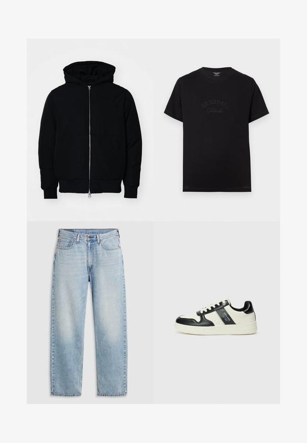 Chaqueta negra con capucha, cierre frontal, bolsillo tipo canguro, y puños y dobladillo acanalados, exhibida sobre un fondo blanco liso.; Camiseta de algodón negra de manga corta y escote redondo. Presenta "ORIGINALS Studio" en relieve con letras a tono en el frente.; Jeans rectos de color azul claro con cinco bolsillos, cierre de botón de metal y detalles deslavados en los muslos y las rodillas, dispuestos sobre un fondo blanco.; Zapatillas de cuero con un esquema de colores negro y crema, que cuentan con acentos perforados, un collar acolchado y una suela texturizada.