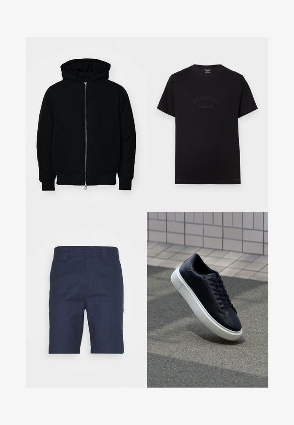 Fekete kapucnis dzseki elülső cipzárral, kenguruzsebbel, bordázott mandzsettákkal és aba, egy sima fehér háttér előtt.; Fekete pamut póló rövid ujjakkal és kerek nyakkivágással. Az elején tónusos betűkkel a "ORIGINALS Studio" felirat látható.; Sötétkék, sima anyagból készült rövidnadrág, lapos elülső résszel, övhurkokkal és klasszikus szabással. Nincsenek látható minták vagy díszítések.; Fekete bőr sportcipő lekerekített orral és fehér gumitalppal. Lapos fűzőkkel és minimális varrásokkal rendelkezik a felsőrészén. Mintás talp a tapadásért.