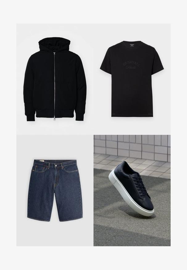 Melna kapucēta jaka ar priekšējo rāvējslēdzēju, kenguru kabatu, ribinātām aprocēm un apakšmalu, parādīta uz vienkārša balta fona.; Melnas kokvilnas T-krekls ar īsām piedurknēm un apaļu izgriezumu. Priekšpusē ir izceltas ar tonālām burtiem "ORIGINALS Studio".; Džinsa šorti tumši zilā krāsā, ar klasisku dizainu, pieciem kabatām, šūtu šuvju, pogas aizdari un izliektiem aizmugurējiem kabatām.; Melnas ādas kedas ar noapaļotu pirkstu un baltu gumijas zoli. Iespējas - plakanas šņorītes un minimāla apdare augšdaļā. Struktūrēta zole, lai nodrošinātu saķeri.