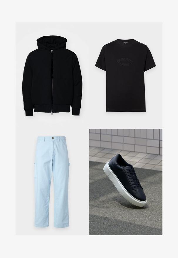 Veste à capuche noire avec fermeture éclair sur le devant, poche kangourou, poignets et ourlet côtelés, présentée sur un fond blanc uni.; T-shirt en coton noir à manches courtes et col rond. Présente "ORIGINALS Studio" embossé en lettres tonales sur le devant.; Pantalons cargo bleu clair en coton doux avec une coupe droite, dotés de poches latérales et d'une fermeture à bouton à la taille.; Baskets noires en cuir avec bout arrondi et semelle en caoutchouc blanc. Elles présentent des lacets plats et une couture minimale sur la tige. Semelle texturée pour une bonne adhérence.