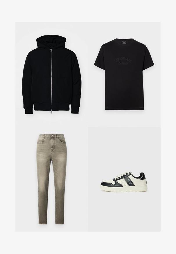 Melna kapucēta jaka ar priekšējo rāvējslēdzēju, kenguru kabatu, ribinātām aprocēm un apakšmalu, parādīta uz vienkārša balta fona.; Melnas kokvilnas T-krekls ar īsām piedurknēm un apaļu izgriezumu. Priekšpusē ir izceltas ar tonālām burtiem "ORIGINALS Studio".; Pelēki augsti jostas džinsi no denima auduma, ar pogu aizdari, piecām kabatām un slaidu piegriezumu ar vieglu izbalēšanu.; Ādas sporta apavi ar melnbaltu krāsu shēmu, ar perforētiem akcentiem, mīkstinātu apkakli un teksturētu zoli.