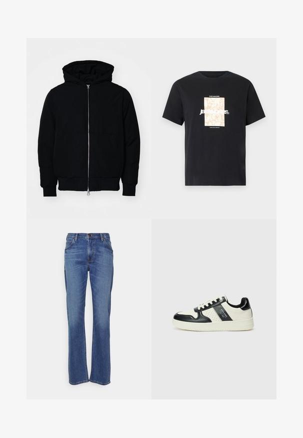 Juodas gobtuvėlis su priekiniu užtrauktuku, kengūros tipo kišene, lygiais rankogaliais ir apvadu, pateiktas ant vientiso balto fono.; Juodas medvilninis marškinėliai su apvaliu kaklu. Ant priekinės pusės yra smėlio spalvos stačiakampis grafikas ir baltas tekstas "JAWO", centrinėje dalyje. Trumpi rankoviai.; Mėlyni džinsai su tiesiomis kojomis, užsegami mygtuku, klasikinio penkių kišenių dizaino ir su šiek tiek pablukimu šalia kelių.; Odiniai sportbačiai juodos ir kreminės spalvų schemoje, su perforuotais akcentais, paminkštinta apykakle ir tekstūruotu padu.