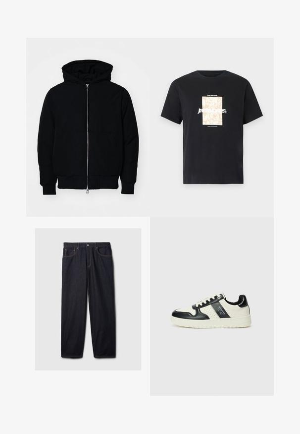 Crna kapuška jakna s prednjim zatvaračem, kenguru džepom, rebrastim manžetama i rubom, prikazana na običnoj bijeloj pozadini.; Crna pamučna majica s okruglim izrezom. Ima bež pravokutni grafički prikaz i bijeli tekst "JAWO" centriran sprijeda. Kratki rukavi.; Tamno plave traperice ravnog kroja, s kopčanjem na dugme i patentni zatvarač, dva prednja džepa i kontrastnim narančastim šavovima.; Kožne tenisice s crno-bijelom paletom boja, koje imaju perforirane akcentne detalje, podstavljeni ovratnik i teksturiranu potplat.
