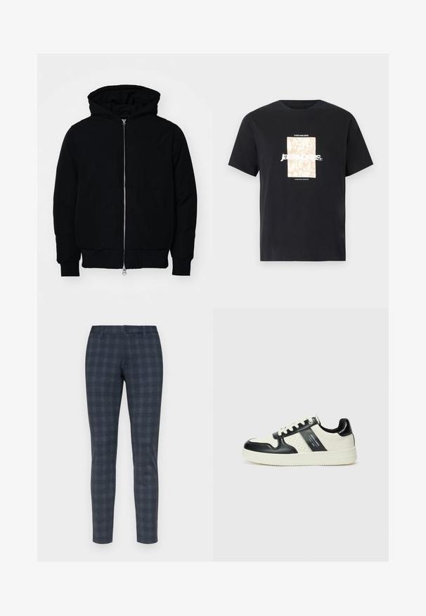 Giacca nera con cappuccio, dotata di zip frontale, tasca a marsupio, polsini e orlo a coste, esposta su uno sfondo bianco semplice.; Maglietta in cotone nera con collo tondo. Presenta una grafica rettangolare beige e il testo bianco, "JAWO," centrato sulla parte frontale. Maniche corte.; Pantaloni a gamba slim, in tartan blu scuro con una sottile texture, dotati di chiusura frontale con bottone e passanti per cintura. Tessuto liscio con design su misura.; Sneakers in pelle con una combinazione di colori nero e crema, dotati di dettagli perforati, collare imbottito e suola testurizzata.