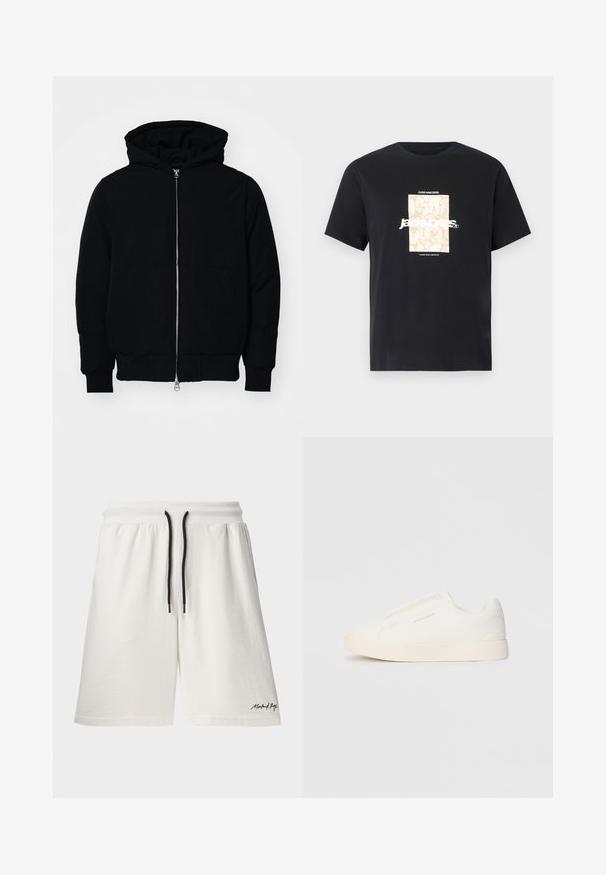 Melna kapucēta jaka ar priekšējo rāvējslēdzēju, kenguru kabatu, ribinātām aprocēm un apakšmalu, parādīta uz vienkārša balta fona.; Melna kokvilnas T-kreklā ar apaļu kakla izgriezumu. Priekšpusē ir beigu taisnstūra grafika un balti burti "JAWO", kas ir centrēti. Īsas piedurknes.; Baltie kokvilnas šorti ar auklu jostasvietā un melnajām akcentēm. Iekļauj sānu kabatas un mazu logotipu uz apakšmala. Mīksta tekstūra.; Baltas slip-on sporta apavi ar teksturētu virsmu, biezu zoli un minimālistisku dizainu. Sānos redzams zīmola logotips.