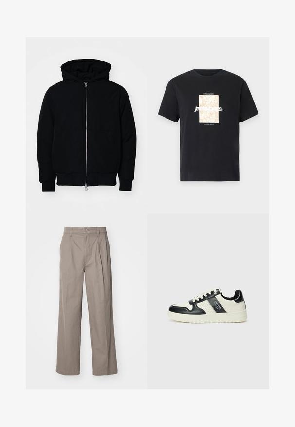 Giacca nera con cappuccio, dotata di zip frontale, tasca a marsupio, polsini e orlo a coste, esposta su uno sfondo bianco semplice.; Maglietta in cotone nera con collo tondo. Presenta una grafica rettangolare beige e il testo bianco, "JAWO," centrato sulla parte frontale. Maniche corte.; Pantaloni beige a gamba larga realizzati in misto cotone, caratterizzati da pieghe e chiusura a bottoni. Tessuto liscio con orli cuciti.; Sneakers in pelle con una combinazione di colori nero e crema, dotati di dettagli perforati, collare imbottito e suola testurizzata.