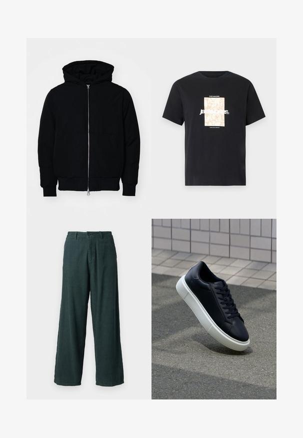 Melna kapucēta jaka ar priekšējo rāvējslēdzēju, kenguru kabatu, ribinātām aprocēm un apakšmalu, parādīta uz vienkārša balta fona.; Melna kokvilnas T-kreklā ar apaļu kakla izgriezumu. Priekšpusē ir beigu taisnstūra grafika un balti burti "JAWO", kas ir centrēti. Īsas piedurknes.; Zaļas kordūru platās kājas bikses ar taisnu griezumu; ar pogu aizdari un divām sānu kabatām. Rūdīts, ribots audums.; Melnas ādas kedas ar noapaļotu pirkstu un baltu gumijas zoli. Iespējas - plakanas šņorītes un minimāla apdare augšdaļā. Struktūrēta zole, lai nodrošinātu saķeri.