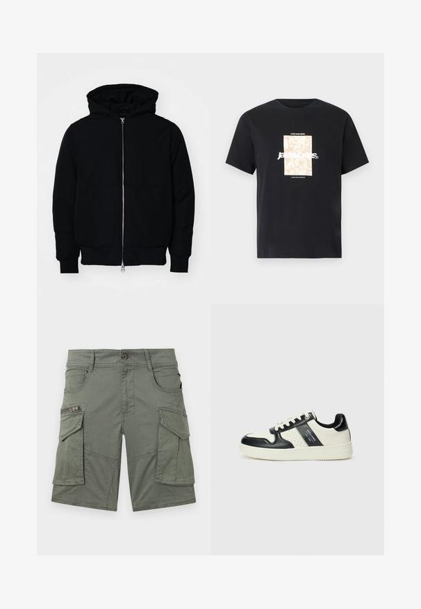 Černá kapucňová bunda s předním zipem, klokaní kapsou, vroubkovanými manžetami a spodním lemem, vystavená na čistém bílém pozadí.; Černé bavlněné tričko s kulatým výstřihem. Na přední straně se nachází béžová obdélníková grafika a bílý text "JAWO" vycentrovaný uprostřed. Krátké rukávy.; Olivově zelené cargo šortky vyrobené z bavlněné směsi. Obsahují několik kapes, včetně kapsy na zip, a pevné švy.; Kožené tenisky s černobílou barevnou kombinací, které mají perforované detaily, polstrovaný límec a texturovanou podrážku.