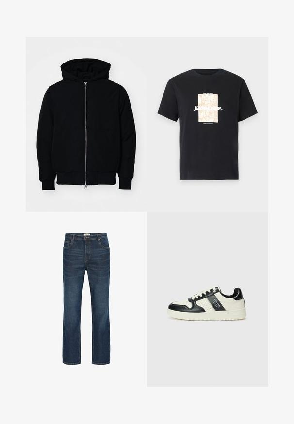 Crna kapuška jakna s prednjim zatvaračem, kenguru džepom, rebrastim manžetama i rubom, prikazana na običnoj bijeloj pozadini.; Crna pamučna majica s okruglim izrezom. Ima bež pravokutni grafički prikaz i bijeli tekst "JAWO" centriran sprijeda. Kratki rukavi.; Tamno plave traperice ravnog kroja, s pet džepova, kontrastnim šavovima i pojasom s metalnim gumbom i petljama za remen.; Kožne tenisice s crno-bijelom paletom boja, koje imaju perforirane akcentne detalje, podstavljeni ovratnik i teksturiranu potplat.