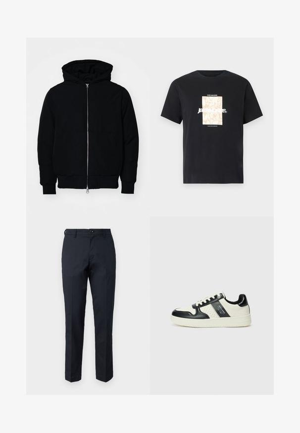 Crna kapuška jakna s prednjim zatvaračem, kenguru džepom, rebrastim manžetama i rubom, prikazana na običnoj bijeloj pozadini.; Crna pamučna majica s okruglim izrezom. Ima bež pravokutni grafički prikaz i bijeli tekst "JAWO" centriran sprijeda. Kratki rukavi.; Mornarsko plave hlače od pamuka s ravnim krojem, prednjim džepovima i kopčanjem na dugme. Glatka tekstura, bez vidljivih uzoraka.; Kožne tenisice s crno-bijelom paletom boja, koje imaju perforirane akcentne detalje, podstavljeni ovratnik i teksturiranu potplat.