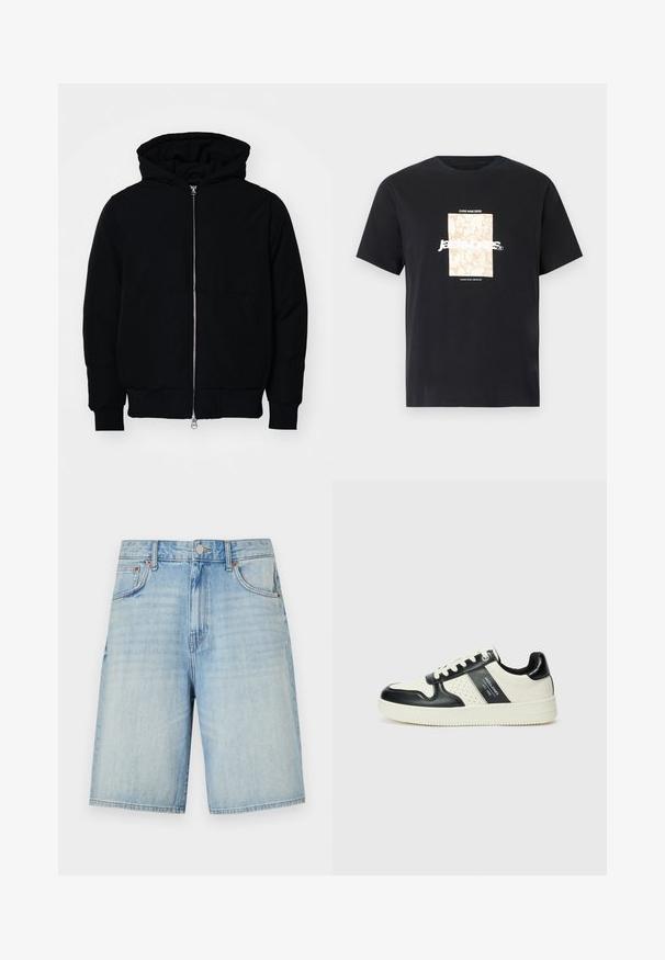 Crna kapuška jakna s prednjim zatvaračem, kenguru džepom, rebrastim manžetama i rubom, prikazana na običnoj bijeloj pozadini.; Crna pamučna majica s okruglim izrezom. Ima bež pravokutni grafički prikaz i bijeli tekst "JAWO" centriran sprijeda. Kratki rukavi.; Svijetloplave traper šorts hlače ravnog kroja, sa zatvaranjem na dugme i patent zatvaranjem, pet džepova i blago izblijedjelim izgledom.; Kožne tenisice s crno-bijelom paletom boja, koje imaju perforirane akcentne detalje, podstavljeni ovratnik i teksturiranu potplat.