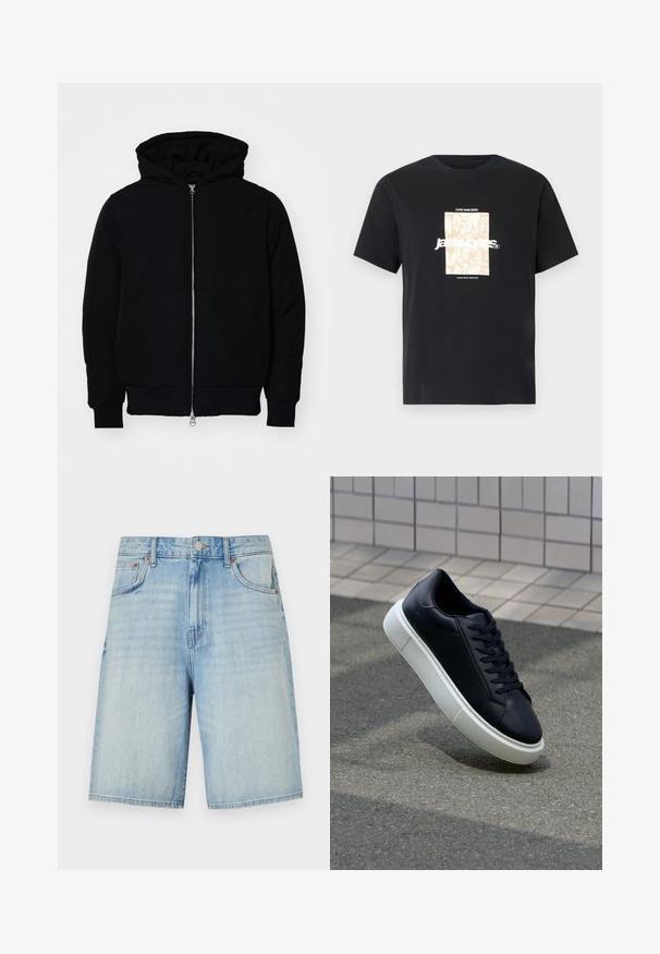 Melna kapucēta jaka ar priekšējo rāvējslēdzēju, kenguru kabatu, ribinātām aprocēm un apakšmalu, parādīta uz vienkārša balta fona.; Melna kokvilnas T-kreklā ar apaļu kakla izgriezumu. Priekšpusē ir beigu taisnstūra grafika un balti burti "JAWO", kas ir centrēti. Īsas piedurknes.; Gai zila džinsa šorti ar taisnu griezumu, ar pogu un rāvējslēdzēju, piecām kabatām un nedaudz izbalējušu apdari.; Melnas ādas kedas ar noapaļotu pirkstu un baltu gumijas zoli. Iespējas - plakanas šņorītes un minimāla apdare augšdaļā. Struktūrēta zole, lai nodrošinātu saķeri.