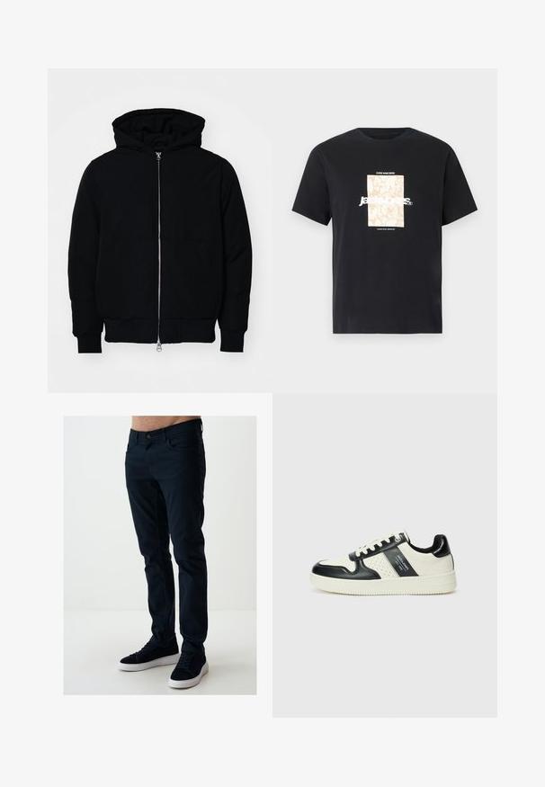 Czarna kurtka z kapturem, z suwakiem z przodu, kieszenią kangurką, ściągaczami przy mankietach i dolnym brzegu, prezentowana na jednolitym białym tle.; Czarny bawełniany t-shirt z okrągłym dekoltem. Posiada beżowy prostokątny grafik oraz biały tekst "JAWO," umieszczony na środku z przodu. Krótkie rękawy.; Ciemnoniebieskie dżinsy slim fit z bawełnianej tkaniny o gładkiej fakturze, z przednimi kieszeniami i standardowym zapięciem na guzik. Połączone z czarnymi sneakersami.; Skórzane sneakersy w czarno-kremowym schemacie kolorystycznym, z perforowanymi akcentami, wyściełanym kołnierzem i teksturowaną podeszwą.